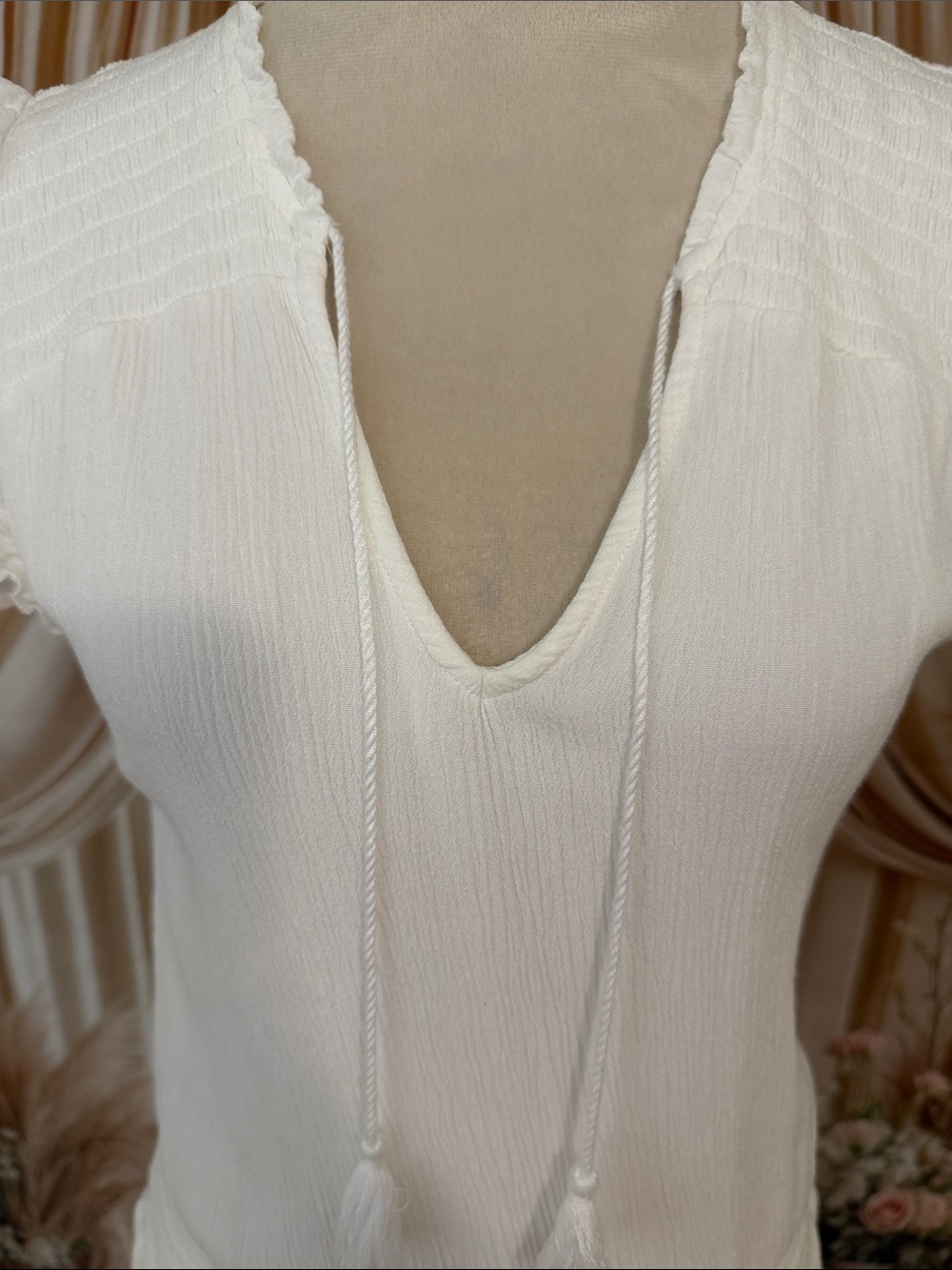 Tart White Textured Mini Dress with Tassel Tie - Picture 3 of 6